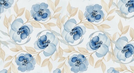 Watercolor floral pattern with blue flowers and beige leaves on a white background in repeat design