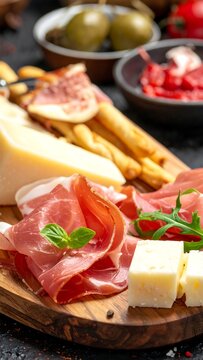 Gourmet food board featuring cured meats, cheese, and tasty accouterments