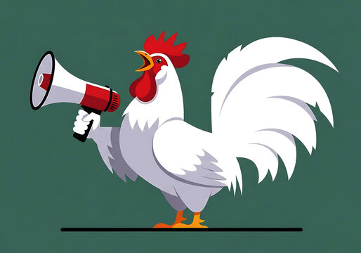 A white rooster proudly announces with a red megaphone in hand