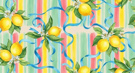 Watercolor pattern with lemons leaves flowers and blue ribbons on a striped background design