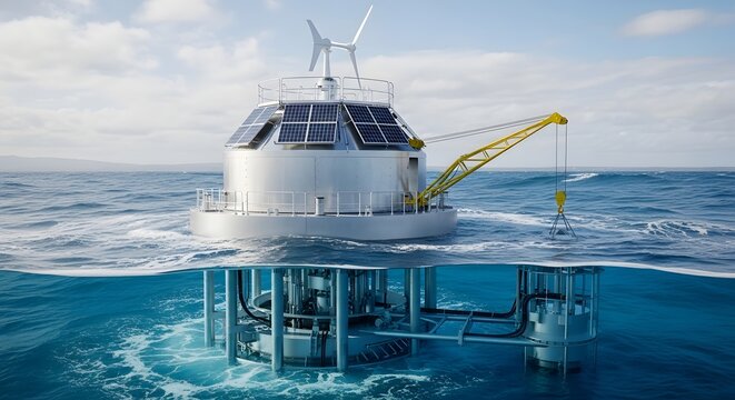 Oceanic Research Platform with Underwater Module Renewable Energy Exploration Innovative Marine Technology Autonomous Research Vessel Solar Panels Wind Turbine Oceanography Advanced Maritime Station