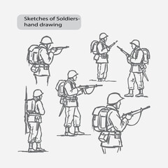 Collection of hand-drawn soldier poses demonstrating military action and combat ready stances vector