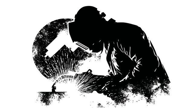 Skilled industrial worker silhouette welding metal with bright sparks, professional craftsman in a protective helmet, black and white graphic.