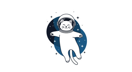 Cartoon Cat Astronaut Floating in Space with Stars and Blue Nebula.