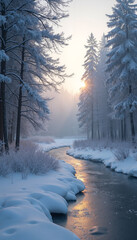 Winter landscape with river and snowy trees at dawn  