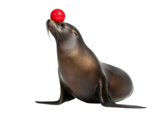 Sea lion balancing red ball on nose isolated on a transparent background