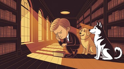 IT consultant solving a problem  in, quiet library zone mood, relaxed, cartoonish vector style, employees with service animals