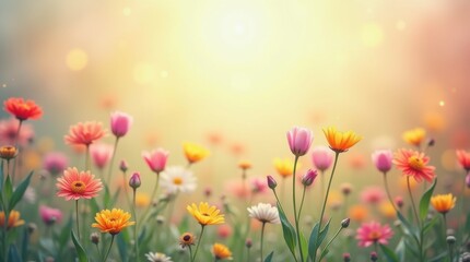 Fototapeta premium Soft Blurred Y2K Florals Vintage Backgrounds. Colorful flowers in soft focus with gentle hues creating a tranquil and dreamy atmosphere