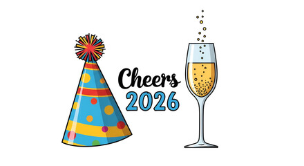 Cheers 2026 New Year Party Hat and Champagne Glass Illustration