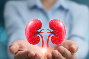 Hand's holding Kidney, concept of organ donation or charity, hospital, anatomy, diagnosis, cancer, disease donor support, diagnosis health care of life and family, insurance background with copy space
