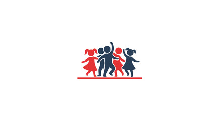 A simple graphic icon of four joyful children two boys and two girls standing together in red and blue silhouettes.