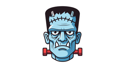Cartoon Frankenstein Monster Head with Bolts and Stitches.