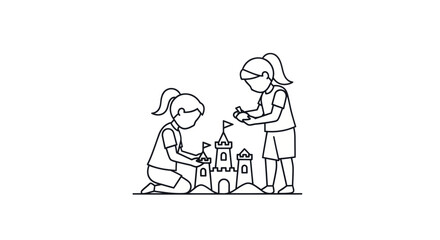 Two young girls building a sandcastle together on a beach illustrated in a simple line art style.
