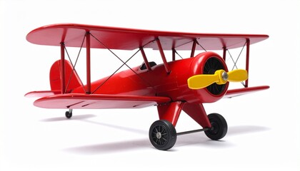Red toy biplane with yellow propeller and black wheels on white background in vintage aviation style