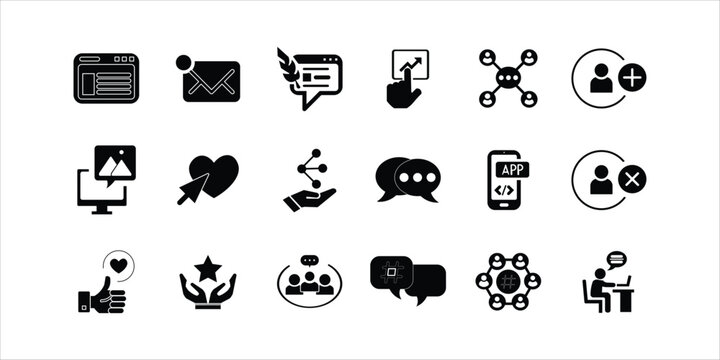 social media icons set. share, favorite, topics, website, communication, internet, email and more. simple solid vector