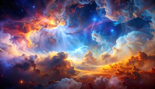 Fantastical cosmic nebula with swirling multicolor gas clouds and scattered stars in deep space