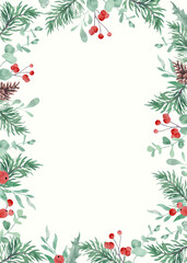 Merry Christmas floral frame. Hand Painted Watercolor Holly, Mistletoe, and Winter Greenery Illustrations. Vector EPS.