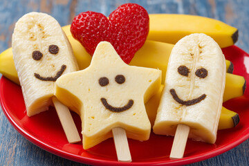Playful kid's breakfast with fruit skewers shaped like stars and hearts. 
