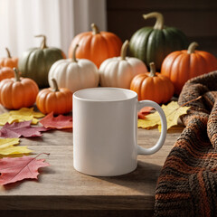 A white mug sits on a wooden table surrounded by colorful autumn leaves and various pumpkins in shades of orange, white, and green.