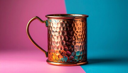 Hammered copper mug with round indentations and handle on split pink and blue background for editorial product photography artisanal drinkware design and poetic contrast-themed visuals