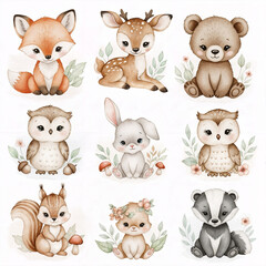 A collection of cute, illustrated woodland animals including a fox, deer, bear, owl, rabbit, squirrel, and badger, surrounded by leaves and flowers.