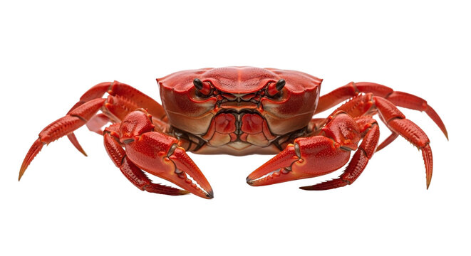 Vibrant red crab with large claws standing, isolated on transparent background