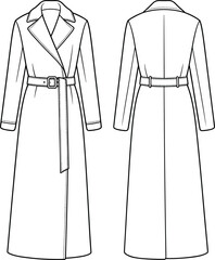 Long trench coat technical flat sketch, front and back view, double-breasted wrap design, fashion CAD drawing, apparel construction vector illustration