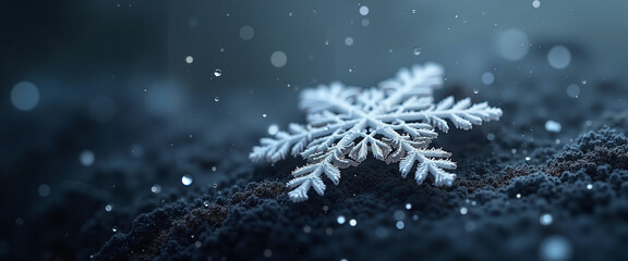 Snowflake resting on dark fabric background with falling snow  