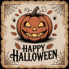 A carved pumpkin with a smiling face, surrounded by autumn leaves and spider webs. The text 'Happy Halloween' is prominently displayed.