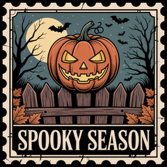 A carved pumpkin with a menacing face sits on a wooden fence. The background features a full moon, bats, and leafless trees, evoking a spooky atmosphere.