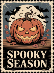 A carved pumpkin with a sinister face sits on a wooden surface. Bats fly in the background. Autumn leaves surround the pumpkin. The theme is Halloween.