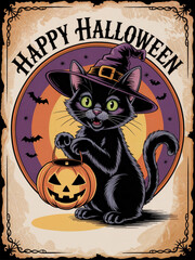 A black cat wearing a witch's hat holds a pumpkin with a carved face. The background features a circular design with bats and a Halloween theme.
