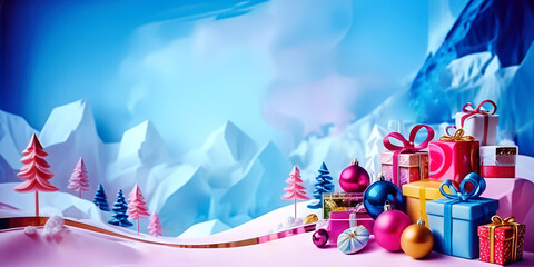 Obraz premium Vivid Whimsy Christmas illustration. Surreal christmas attributes and gifts on blue vibrant background. Winter holidays wishes concept. Large banner size with copy space