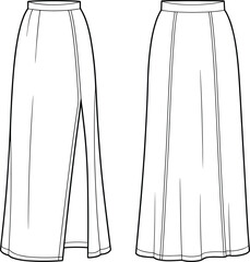 Long paneled skirt technical flat sketch, front and back view, slit and non-slit design, fashion CAD drawing, apparel construction vector illustration