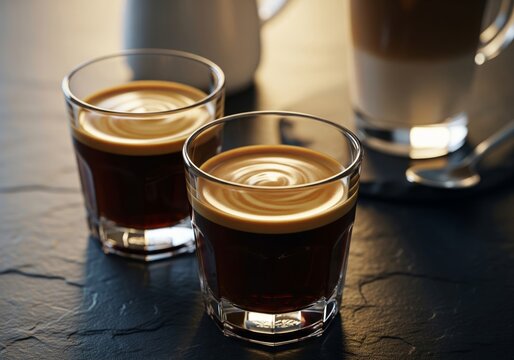Double Espresso Shots in Short Glasses on Dark Slate