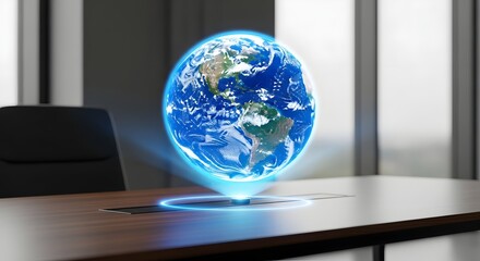 Fototapeta premium Futuristic Holographic Globe Projection in Executive Office: Advanced Technology Enhancing Global Business Vision and Connectivity