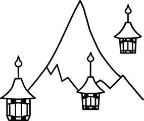 Fantasy Mountain Village with Hanging Lanterns Illustration on Transparent Background