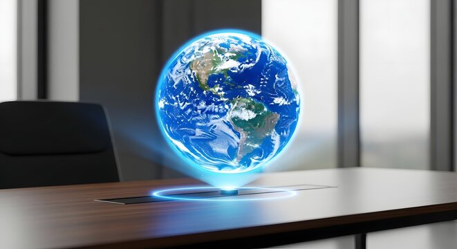 Futuristic Holographic Globe Projection in Executive Office: Advanced Technology Enhancing Global Business Vision and Connectivity