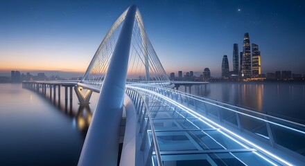 Obraz premium Modern Futuristic Bridge Architecture: Illuminated Span with Glass Panels at Twilight Leading to a Skyline with Sleek Buildings and Serene Water Reflections