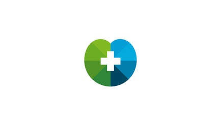 Obraz premium Abstract health care icon with green and blue heart shape and cross symbol. Modern medical wellness and pharmacy graphic logo.