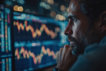 A focused businessman analyzing stock market data on computer screens with charts, graphs and financial figures, with a thoughtful expression on his face.