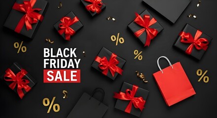 Black Friday Sale Banner with Luxury Black Gift Boxes Red Ribbon Bows and Gold Percentage Signs Creating Shopping Discount Holiday Promotion