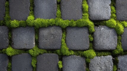 Detailed shot of urban pavement where green moss thrives between bricks, creating a natural geometric design. Highlights the struggle to clean moss from ingrown paving stones.