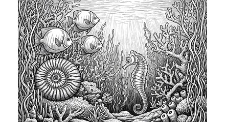 Detailed ink drawing of an ancient ammonite fossil and seahorse surrounded by vibrant underwater flora and fauna