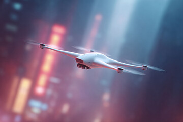 Fototapeta premium Sleek drone soars through a vibrant cityscape. Futuristic design symbolizes innovation, surveillance, or aerial technology. Perfect for tech, travel, and modern solutions.