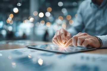 A businessman working on a digital tablet, analyzing financial charts and data reports, in a modern office environment with blurred background lights, creating a focused and professional atmosphere.