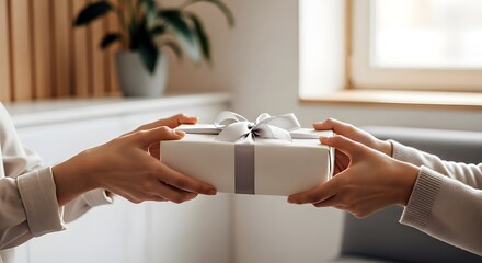 Two People Hands Giving and Receiving Elegant White Gift Box with Silver Ribbon Creating Gift Exchange Celebration and Generosity Concept