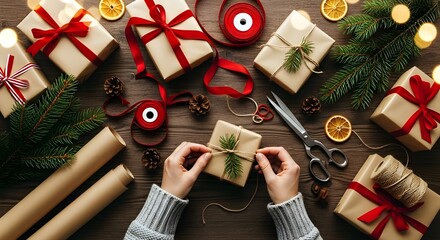 Woman Hands Wrapping Christmas Gifts with Craft Paper Red Ribbon Pine Branches and Holiday Decorations Creating DIY Gift Preparation Scene