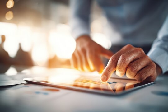 Close-up of hands using a tablet for business analytics, financial planning and data analysis in modern office environment, creating a dynamic workflow.