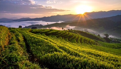 Sunrise Over Verdant Terraced Fields - A Landscape of Serenity.